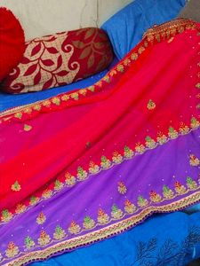 Pink And Golden Embroidery Design Saree...