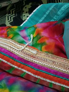 Cyan And Multi Colour Saree Without Blouse