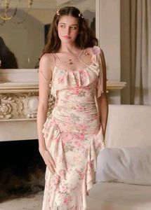 Cream Floral Vintage Ruffle Maxi Dress