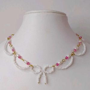 Pearl & Pink Bead Bow Necklace