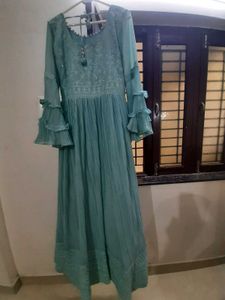 Aqua Ruffle Sleeve Maxi Dress
