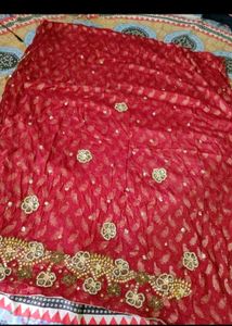 Banarasi Red Embroidered Dress Material