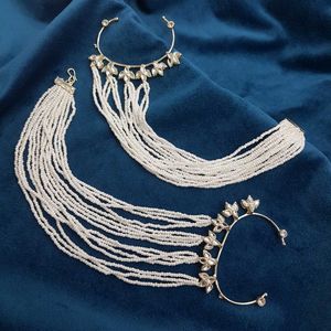 Gold plated kundan and pearl multi strand ear cuff