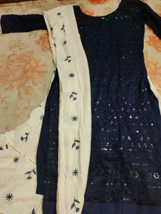 Navy &amp; White Embroidered Kurta with Skirt &amp; Dupatt