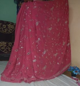 Pink Saree Chamki Computer Work With Blouse 👚