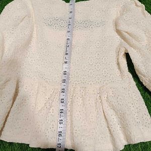 Eyelet Peplum Top - Square Neck Puff Sleeve