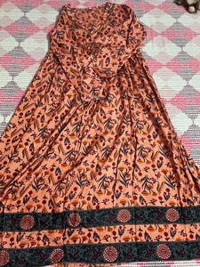Myaza Women Peach Digital Floral Printed Kurta Dress with Beads Stone Work on Neck