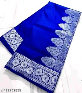 Elegant Blue & Silver Saree Banarasi Satan