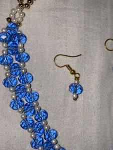 Blue Crystal &amp; Pearl Necklace Earrings Set