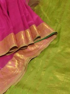 Pink And Green Silk Cotton Saree