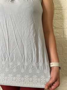 Blue And White Striped Top With white Embroidery