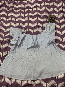 Blue Striped Ruffle Top