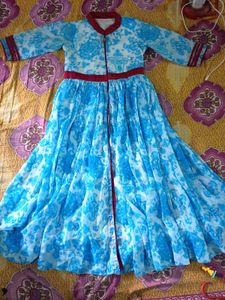 Blue &amp; White Floral Print Gown Dress