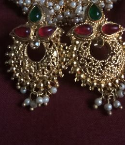 Rich Gold Jewellery Set Of One Detailed Worked Pendent With Two Royal Earings Completes Your Saree Look Perfectly