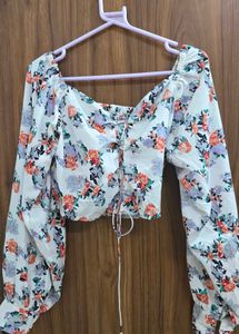 Floral Puff Sleeve Crop Top with Front Tie