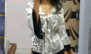 Newspaper Print Tie-Front Bell Sleeve Top