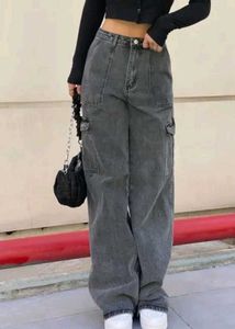 Grey Wash Wide Leg Cargo Jeans