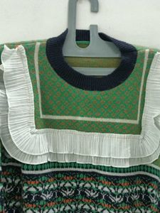 Green Patterned Ruffle Sweater