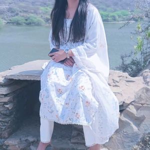 Pure White Cotton Kurta With Pant &amp; Dupatta