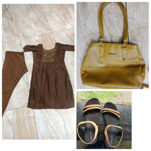 Kurta Set, Sandal And Hand Bag Combo