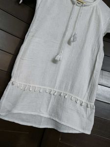 Girl White Cotton Neck Dori Tassel Dress