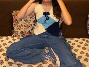 Blue & cream colour blocked top with bows