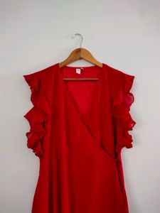 Red Ruffle Sleeve Wrap Maxi Dress
