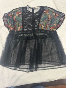 Black Net Floral Embroidered Top