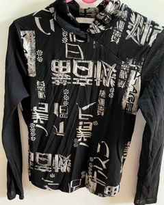 Black Mesh Long Sleeves Printed Tshirt
