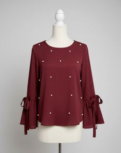 Burgundy Top with pearls Ruffle bell Sleeves