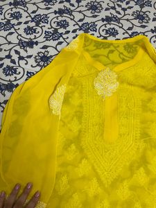 Women chiffon Chikankari Yellow Kurta