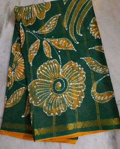 Beautiful Green Floral Pure Cotton Batik Saree