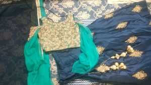 Embroidered  Green &amp; Gold Lehenga with Sleeves