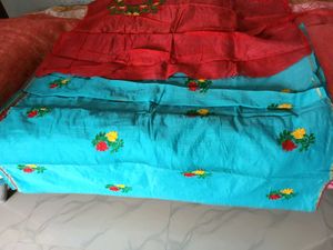 Blue With Red Floral Design ChanderiCotton Saree