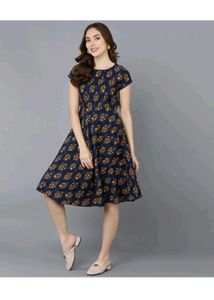 Women Fit &amp; Flare Blue Dress With Belt