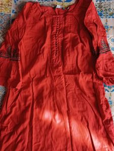 Red Embroidered Kurta with brown paint