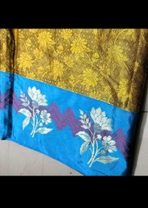 Unused Golden Colour Saree With Blue Border