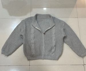 Gray Knit Zip-Up Cardigan