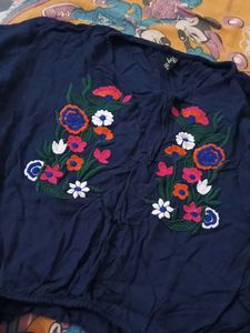 Embroidered Navy Peasant Top