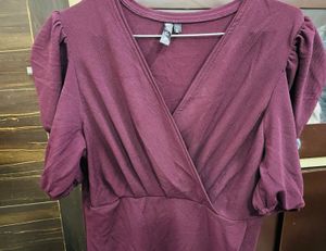 Burgundy Puff Sleeve Wrap Dress