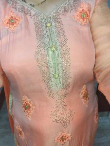 Peach Embellished 3 Pcs Kurta Set With Free Gift