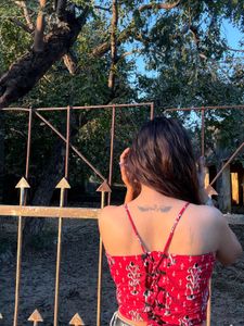 Red Printed Sleeveless Crop Top