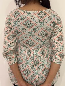 Anouk White &amp; Blue Geometric Print  Peplum Top