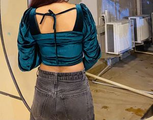 Velvet Puff Sleeve Crop Top