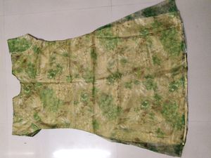Unused Green And Gold Floral Net Chudidhar