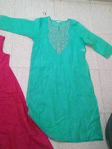 Pink Sleeveless Dress With Green Kurta On Top