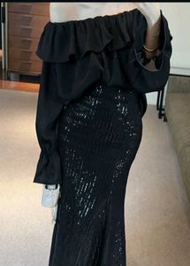 Chic Black Sequin Skirt & Ruffle Top