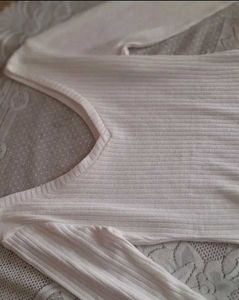 Deep Neck White Long Sleeves Side Cut Top