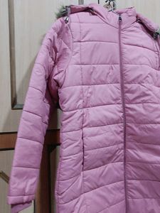 Mauve Puffer Coat with Faux Fur Hood