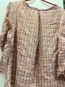 Pink Plaid Ruched Sleeve Top